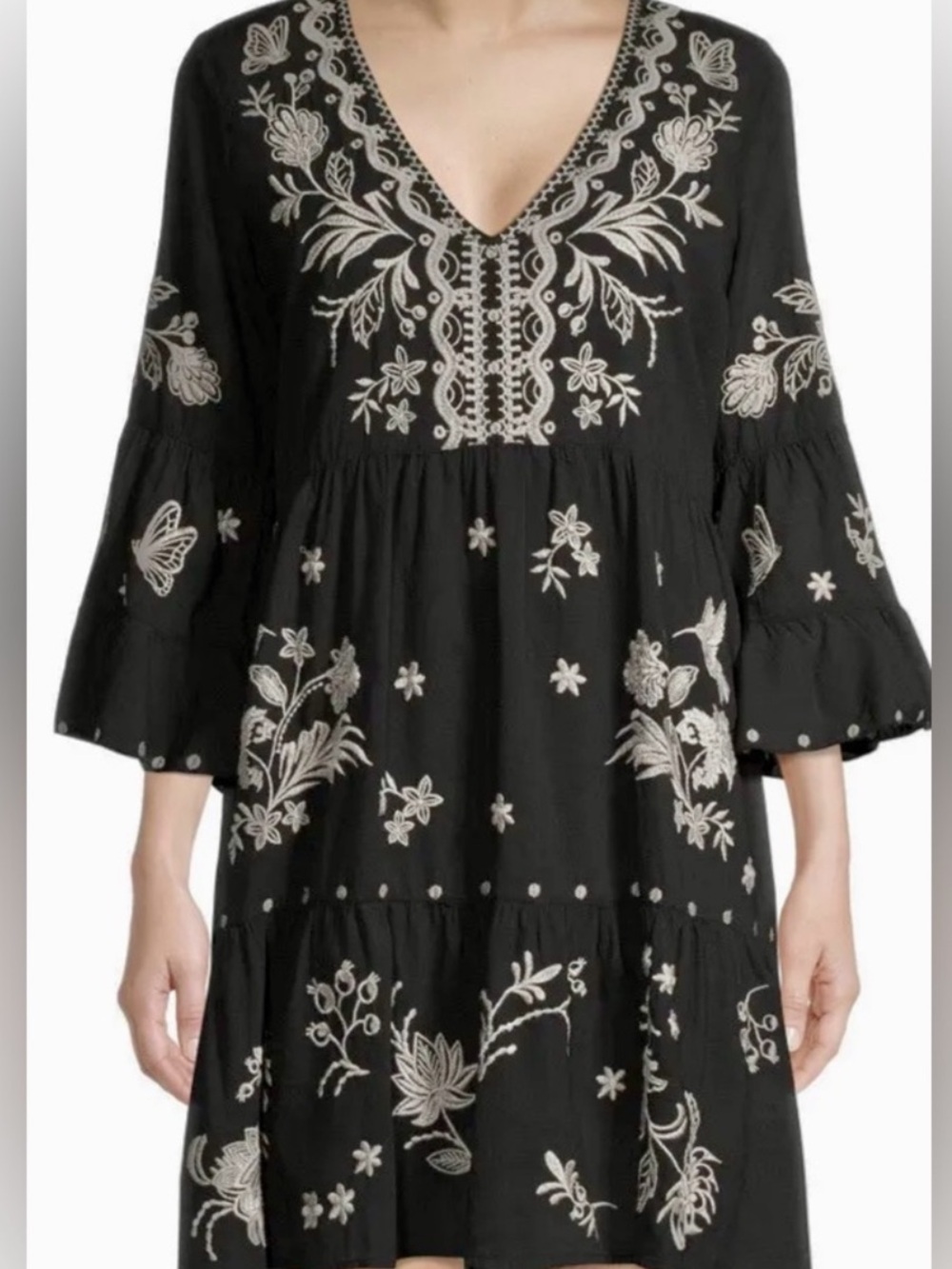 Johnny Was Malo Black Embroidered Tiered Dress Size L